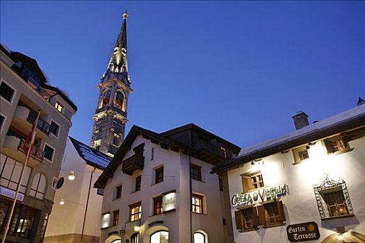 老,餐馆,光亮,乡村,教堂,晚上,恩加丁,格劳宾登州,瑞士
