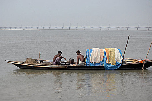 渔民,午餐,船,河,孟加拉,2008年