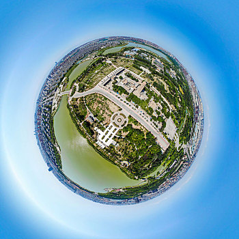 小行星视角,航拍宁夏银川海宝公园海宝塔寺及北塔湖球形全景图
