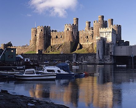 威尔士,格温内思郡,康威城堡,小船,停泊,英国,一个,钥匙,要塞,城堡
