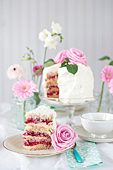 喜庆,树莓蛋糕,黄油乳,泡沫奶油,粉色,玫瑰