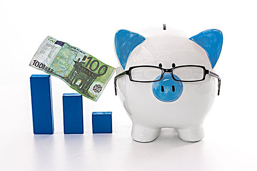 存钱罐,戴着,眼镜,蓝色,图表,模型,100欧元,钞票,白色背景,背景