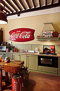 木质,厨房,苍白,旧式,绿色,复古,广告标识,可口可乐,桶,老,工作台,台案