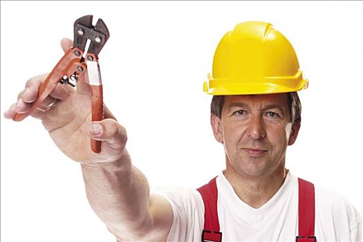 建筑工人,穿,黄色,安全帽,拿着,钳子