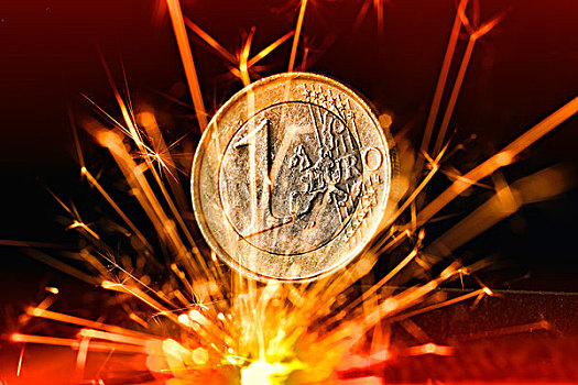 1欧元,硬币,火花,象征,欧元,危机