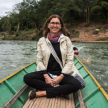 头像,高兴,坐,女人,船,河,琅勃拉邦,老挝