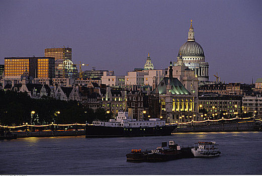 城市天际线,河,黄昏,伦敦,英格兰