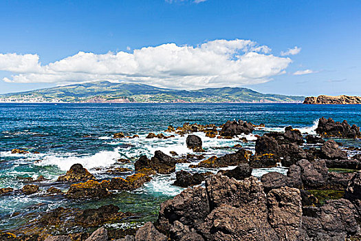 海岸线,火山岩,石头,海浪,大西洋,海洋,风景,法亚尔,远景,皮库岛,亚速尔群岛,葡萄牙