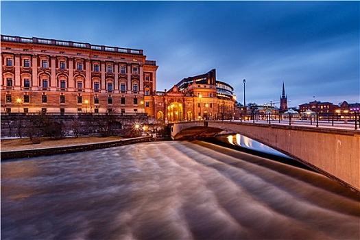 建筑,桥,晚上,斯德哥尔摩
