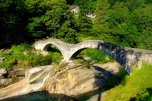 石桥,岩石,高山,山麓,河流,遥远,山谷,靠近,提契诺河,瑞士,欧洲