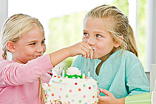 特写,女孩,喂食,生日蛋糕,姐妹
