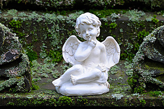 天使,小雕像,粘土,苔藓,石头