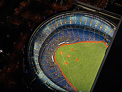 航拍,多伦多,罗杰斯中心,夜晚,看,棒球赛,屋顶,安大略省,加拿大,2009年