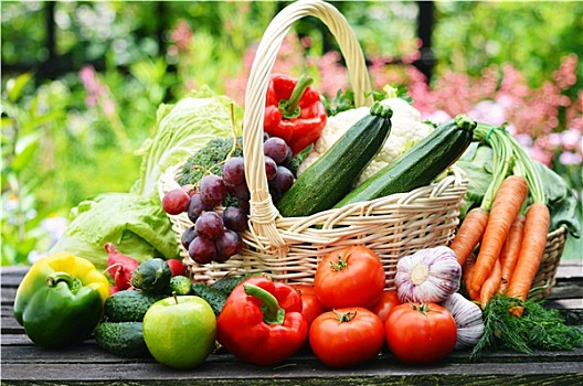 新鲜,有机,蔬菜,柳条篮,花园