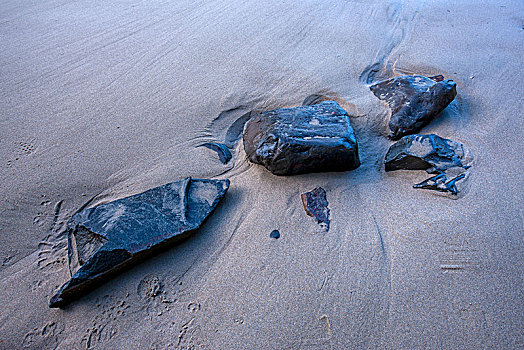 三个,石头,沙子,特写,湿,海滩,俄勒冈