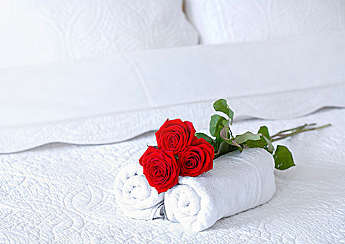 红玫瑰,两个,手,毛巾,床,客房