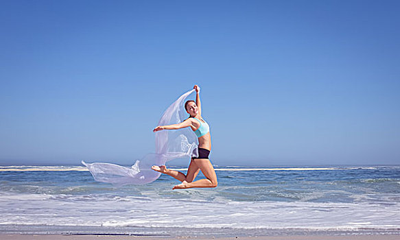 健身,女人,跳跃,雅致,海滩,围巾