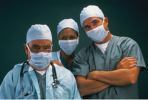 肖像,三个,外科,戴着,手术口罩