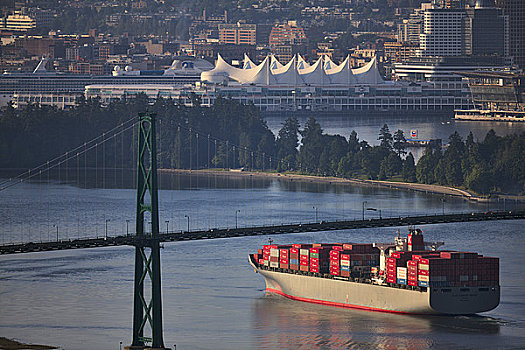 集装箱船,海中,日落,小湾,温哥华,不列颠哥伦比亚省,加拿大