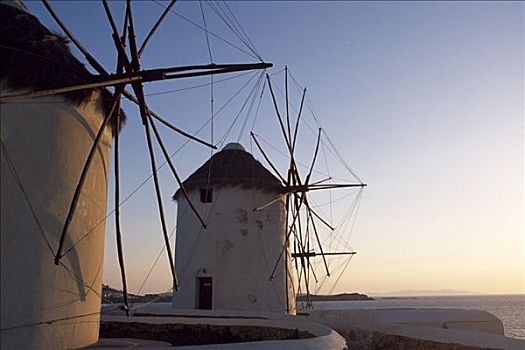 风车,日落,米克诺斯岛,希腊,欧洲