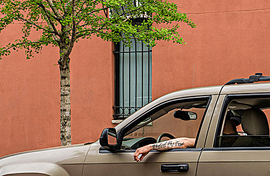 手臂,一个,男人,停车,风景,车窗,纹身,说话