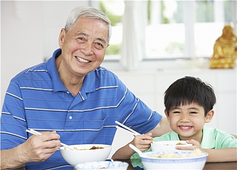 头像,中国人,爷爷,孙子,吃,食物,一起