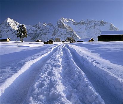 雪,土路,冬天,山峦,上巴伐利亚,德国