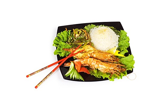 烤制食品,龙虾,米饭,蔬菜,隔绝,白色背景