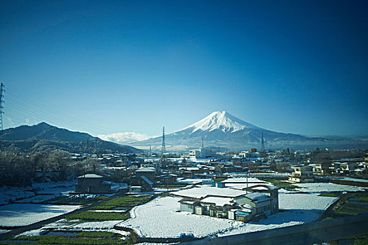俯视图,冬季风景,积雪,富士山,东京,日本