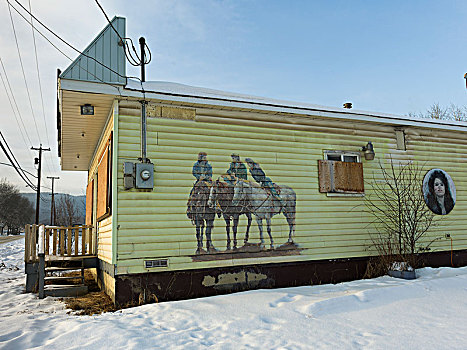 壁画,牛仔,墙壁,建筑,雪中,不列颠哥伦比亚省,加拿大
