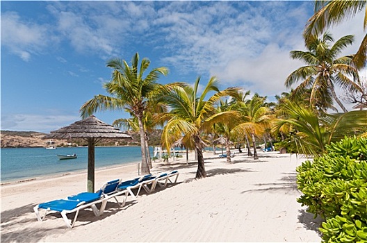 晴朗,加勒比,海滩,太阳椅,伞