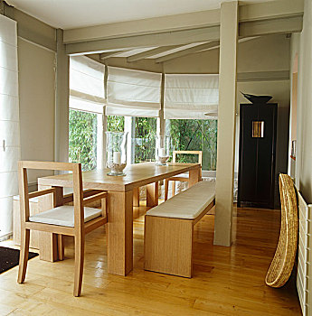 餐厅,两个,长椅,放置,长,桌子,创作,简单,感觉