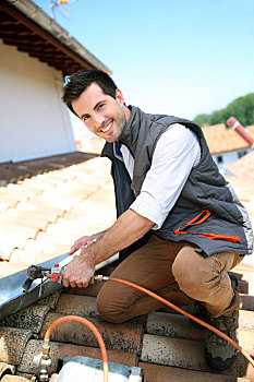 房顶工,工作,房子,屋顶,修理,排水槽