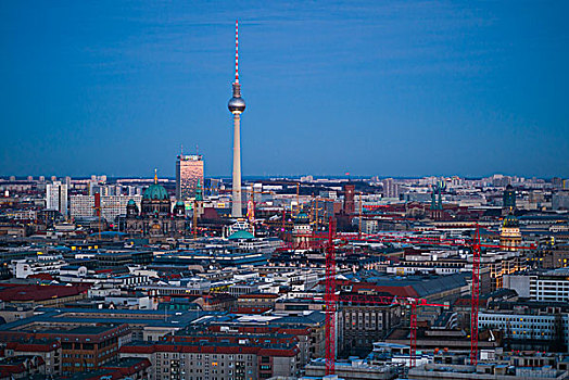 德国,柏林,波兹坦广场,俯视图,亚历山大广场,电视塔,黃昏