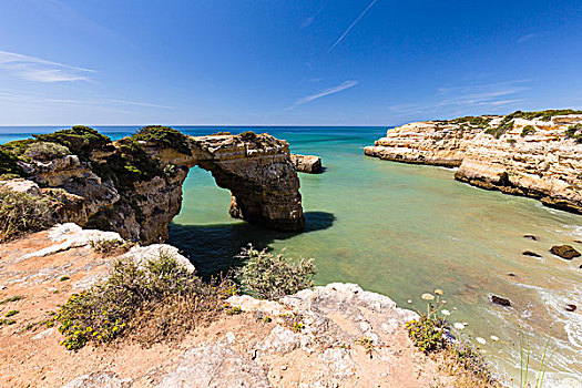 海洋,拱形,小,沙滩,下方,峭壁,阿尔加维,葡萄牙
