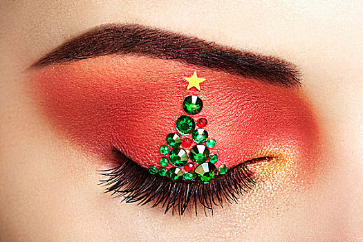 眼,女孩,圣诞树,冬天,圣诞节,化妆,美,时尚,睫毛,眼影,特写,创意,女人,假日