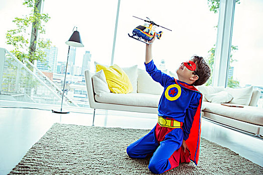 超人,男孩,玩,玩具,直升飞机,客厅