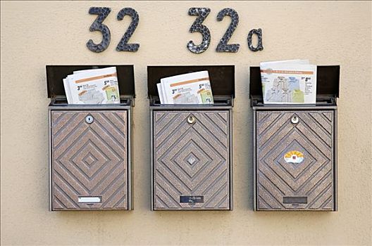 三个,信箱,邮箱,相互,圆形,中间,弗兰克尼亚,巴伐利亚,德国,欧洲