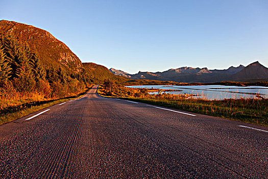 落日,街道,山,晴天,峡湾,罗弗敦群岛,北方,挪威