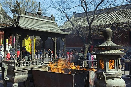 中国,北京,春节,香,燃烧,白云,庙宇
