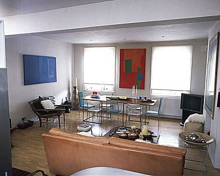 现代,打开,生活空间,皮沙发,茶几,艺术品,餐桌,椅子,晴朗,窗户