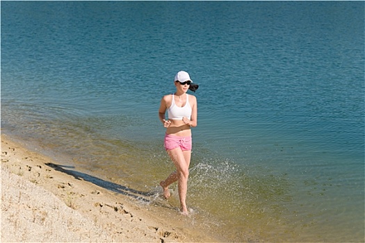 夏季运动,健身,女人,慢跑,海岸