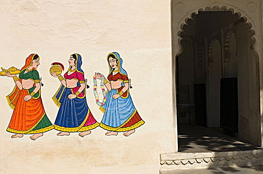 壁画,墙壁,宫殿,城市宫殿,乌代浦尔,拉贾斯坦邦,印度