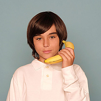 男孩,拿着,香蕉,电话