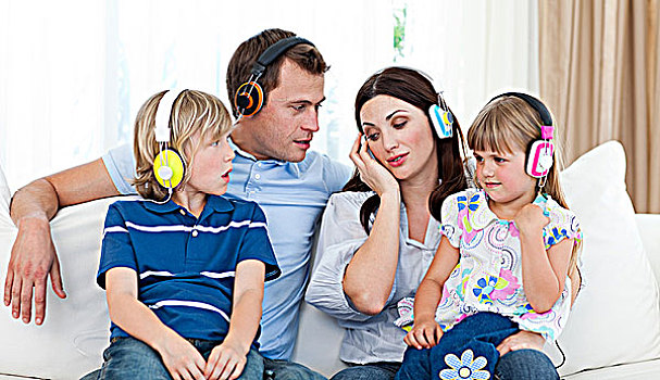 家庭,听,音乐,耳机