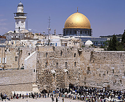 俯拍,人群,祈祷,正面,石墙,哭墙,圆顶清真寺,耶路撒冷,以色列