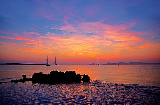 伊比萨岛,日落,福门特拉岛,岛屿,帆船,巴利阿里群岛