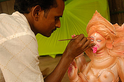 工匠,颜料,粘土,神像,印度教,女神,时间,集市,达卡,孟加拉,十一月,2007年
