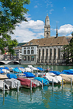船,风景,上方,林马特河,河,教堂,罗马式大教堂,苏黎世,瑞士,欧洲