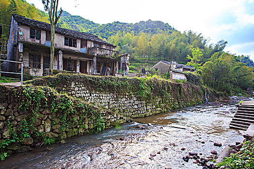 溪流,小溪,老房子,两岸